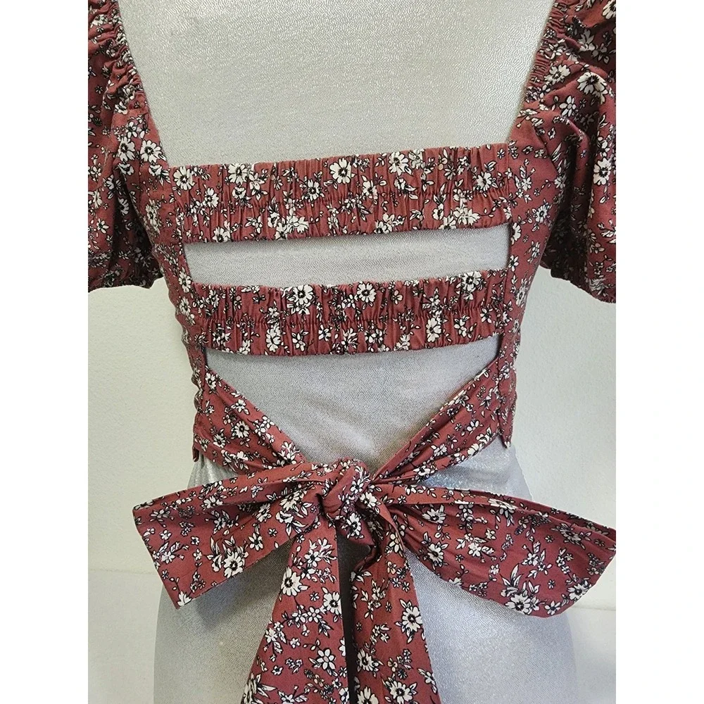 Altar'd State Floral Smocked Crop Top Rust Puff Sleeve Tie Back KEMLA U50 Small - Picture 9 of 9
